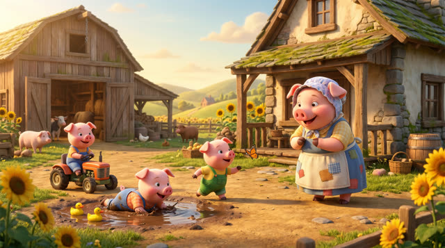Scene 1 - Les trois petits cochons et leurs véhicules
