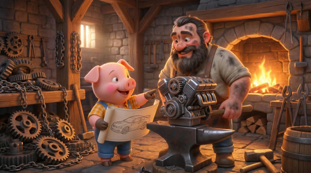 Scene 20 - Les trois petits cochons et leurs véhicules