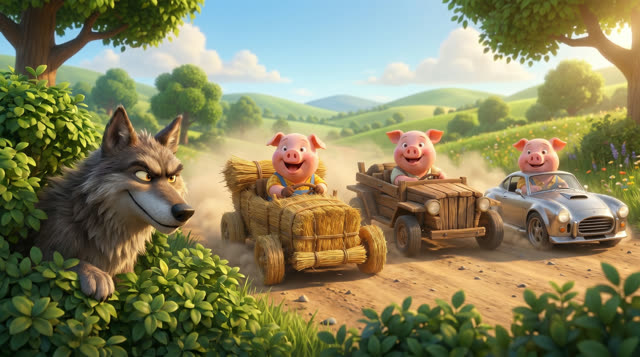 Scene 25 - Les trois petits cochons et leurs véhicules
