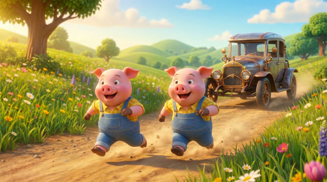 Scene 43 - Les trois petits cochons et leurs véhicules