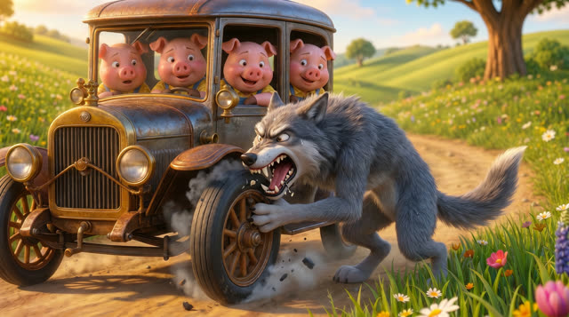 Scene 46 - Les trois petits cochons et leurs véhicules