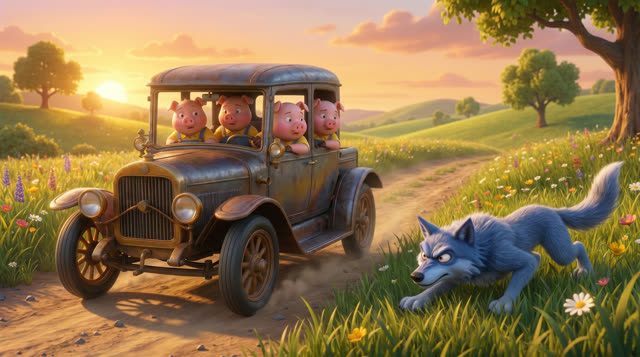 Scene 52 - Les trois petits cochons et leurs véhicules