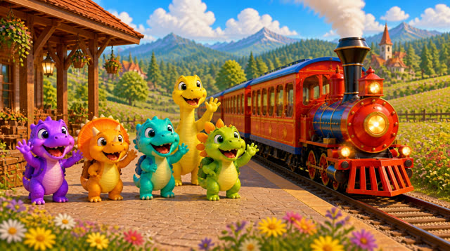 Scene 31 - Five Little Dinos Ride the Train