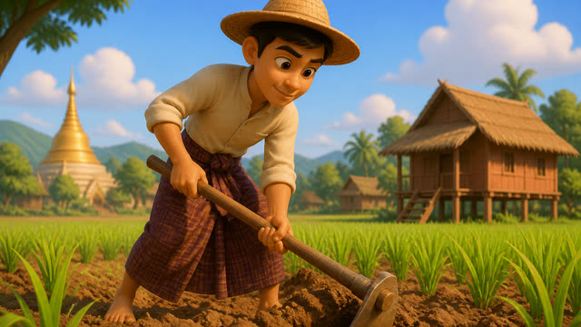 Scene 1 - ဇာတ်လမ်းခေါင်းစဉ် - ယာခင်းထဲက ရွှေရောင်မနက်ခင်း