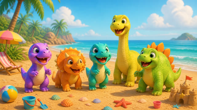 Scene 1 - Five Little Dinos at the Beach