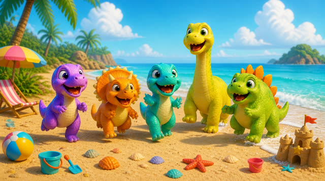 Scene 2 - Five Little Dinos at the Beach