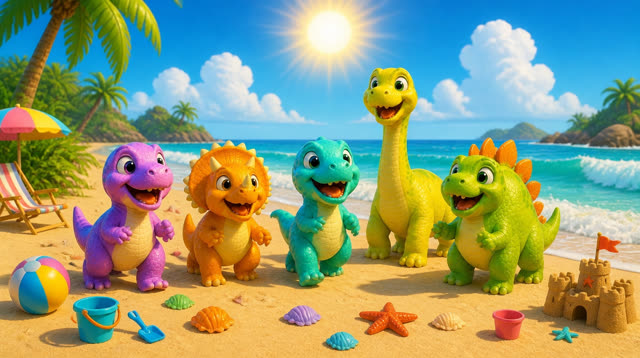Scene 3 - Five Little Dinos at the Beach