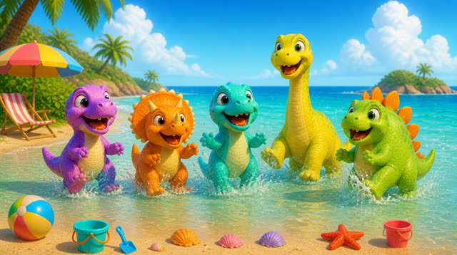 Scene 7 - Five Little Dinos at the Beach