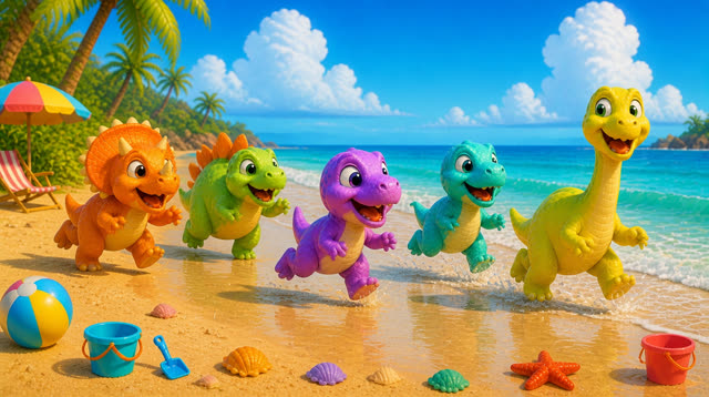 Scene 8 - Five Little Dinos at the Beach