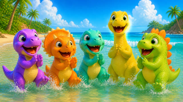 Scene 9 - Five Little Dinos at the Beach