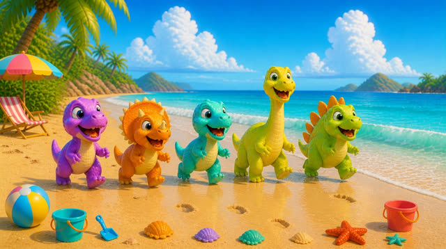 Scene 10 - Five Little Dinos at the Beach