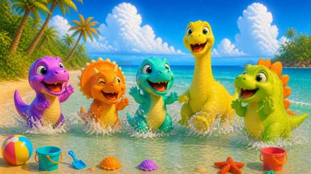 Scene 13 - Five Little Dinos at the Beach