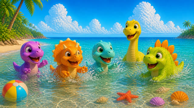 Scene 19 - Five Little Dinos at the Beach