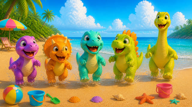 Scene 20 - Five Little Dinos at the Beach