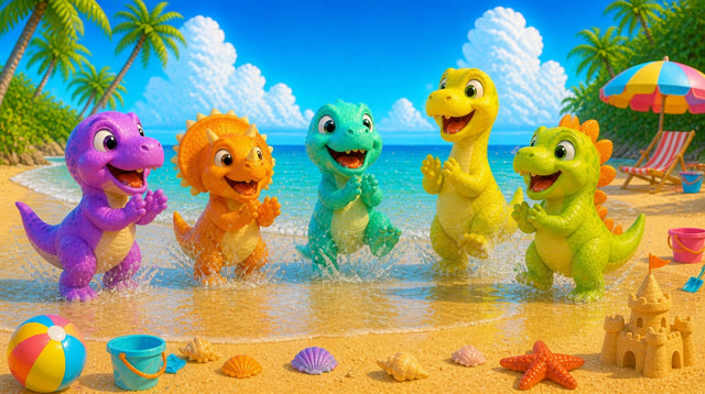 Scene 21 - Five Little Dinos at the Beach