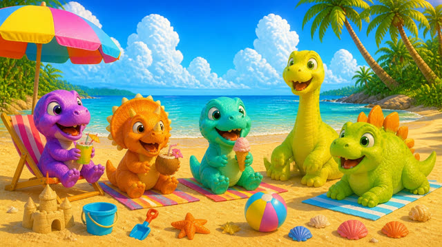 Scene 22 - Five Little Dinos at the Beach