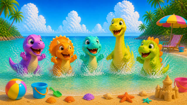 Scene 25 - Five Little Dinos at the Beach