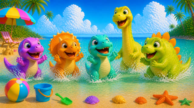 Scene 27 - Five Little Dinos at the Beach
