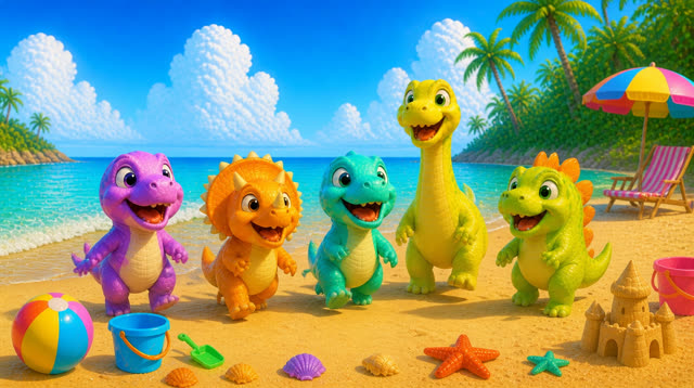 Scene 28 - Five Little Dinos at the Beach