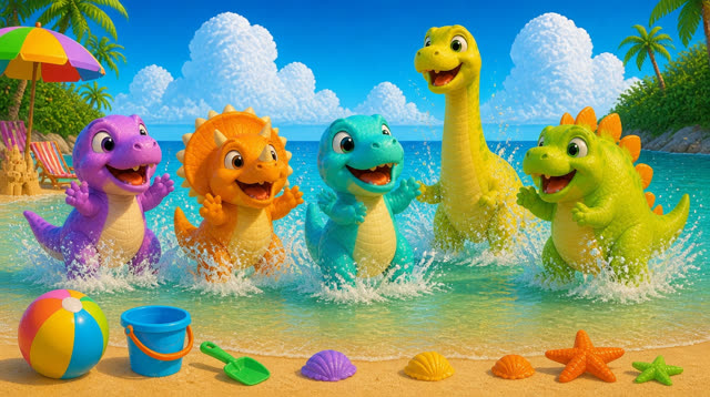 Scene 32 - Five Little Dinos at the Beach