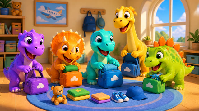 Scene 1 - Five Little Dinos Fly in an Airplane