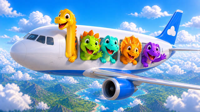 Scene 3 - Five Little Dinos Fly in an Airplane