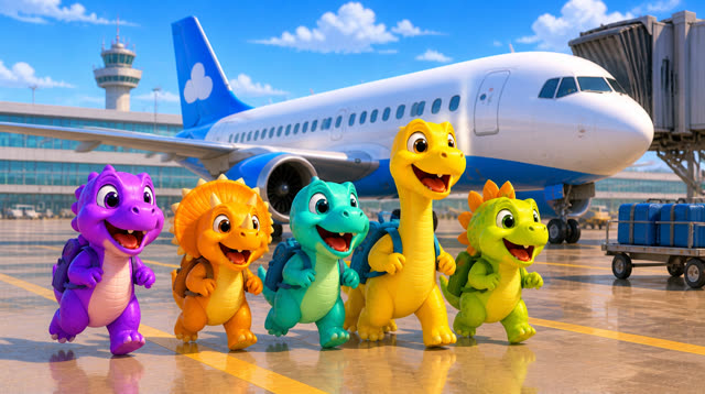 Scene 10 - Five Little Dinos Fly in an Airplane