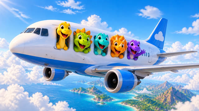 Scene 11 - Five Little Dinos Fly in an Airplane