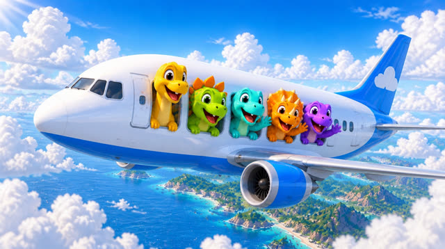 Scene 13 - Five Little Dinos Fly in an Airplane