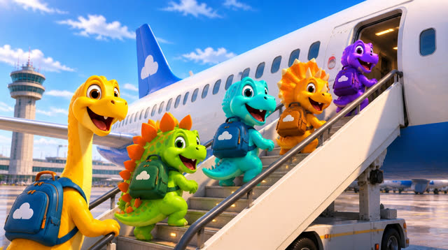 Scene 16 - Five Little Dinos Fly in an Airplane