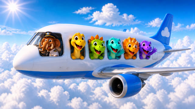 Scene 20 - Five Little Dinos Fly in an Airplane