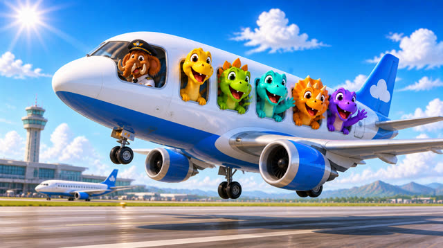 Scene 24 - Five Little Dinos Fly in an Airplane