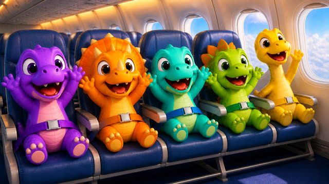 Scene 25 - Five Little Dinos Fly in an Airplane