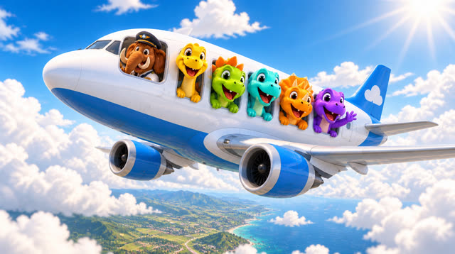 Scene 26 - Five Little Dinos Fly in an Airplane