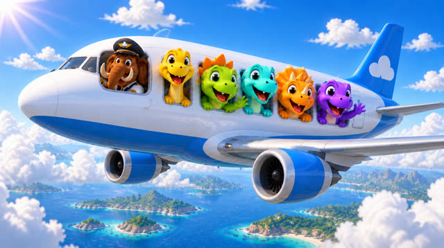 Scene 30 - Five Little Dinos Fly in an Airplane