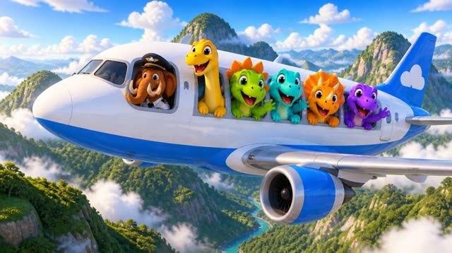 Scene 32 - Five Little Dinos Fly in an Airplane