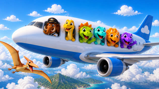 Scene 33 - Five Little Dinos Fly in an Airplane