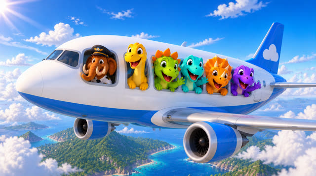 Scene 35 - Five Little Dinos Fly in an Airplane