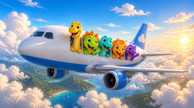 Scene 37 - Five Little Dinos Fly in an Airplane