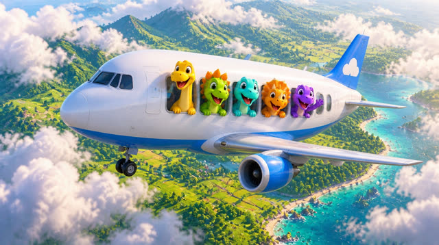 Scene 40 - Five Little Dinos Fly in an Airplane
