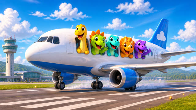 Scene 42 - Five Little Dinos Fly in an Airplane