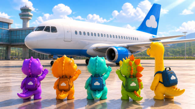 Scene 43 - Five Little Dinos Fly in an Airplane