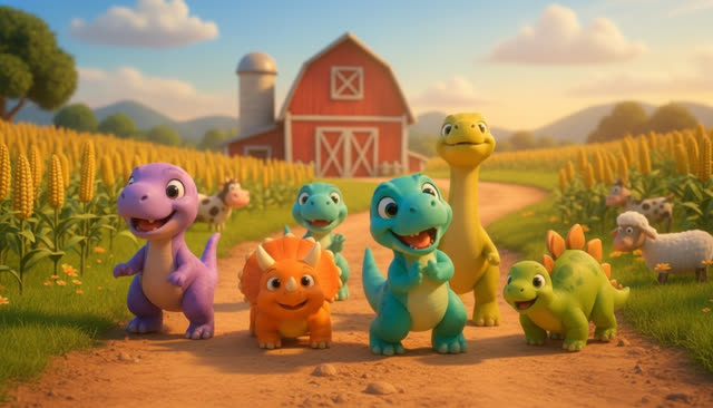 Scene 1 - FIVE LITTLE DINOS GO TO THE FARM