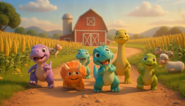 Scene 2 - FIVE LITTLE DINOS GO TO THE FARM
